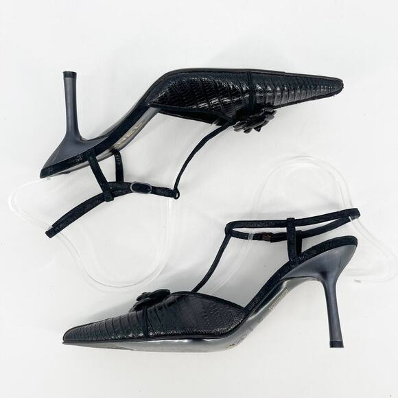 Vintage Chanel Black T-Strap Camellia Flower Pointed Toe Pump Heel size EU 37.5 - Picture 4 of 13